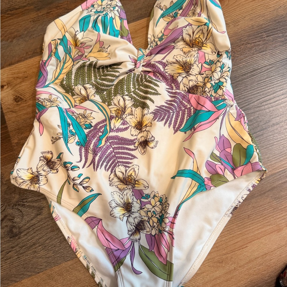 Floral One-Piece Swimsuit in Cream with Teal & Purple Accents
